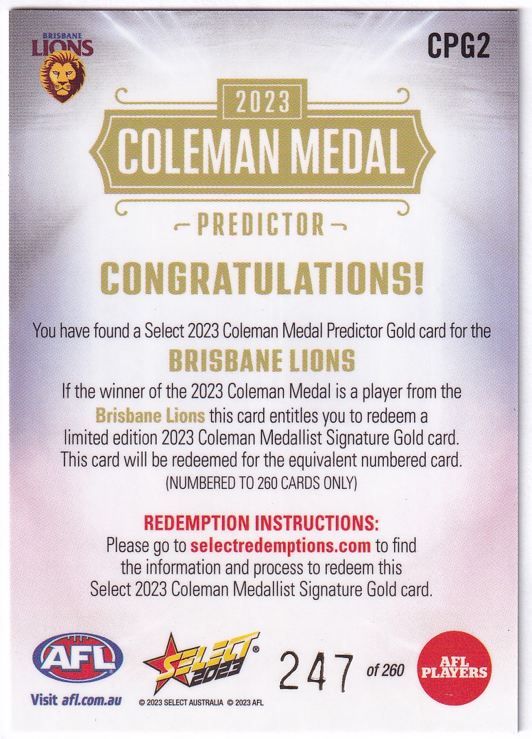 2023 AFL FOOTY STARS 'COLEMAN MEDAL PREDICTOR GOLD' CPG2 BRISBANE